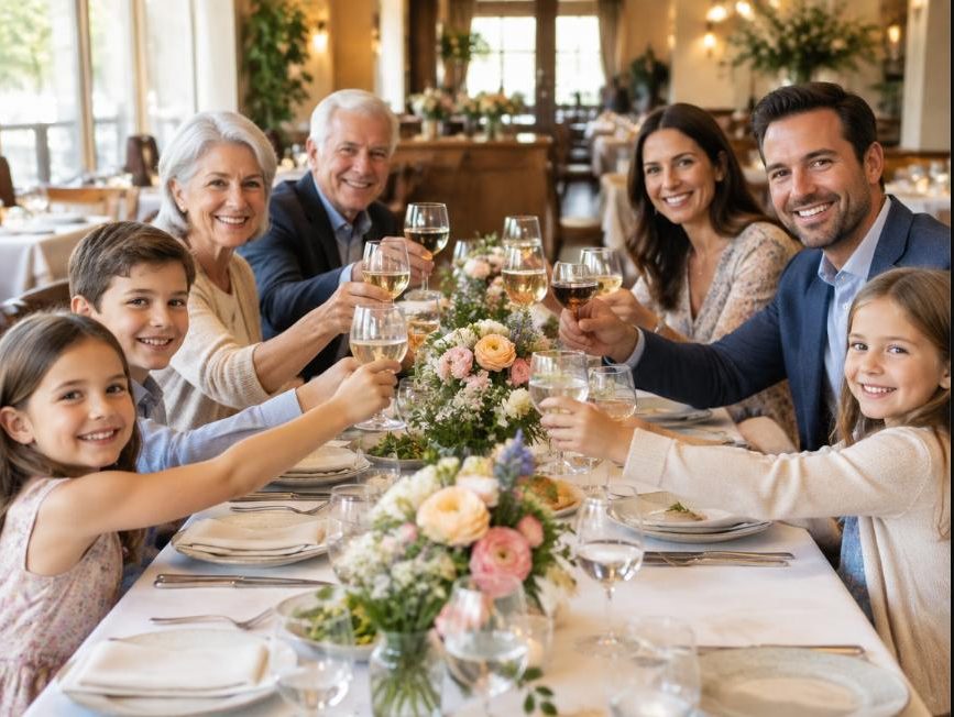 Familia celebrando una comunión o un bautizo en el restaurante 42 St, en Rivas Vaciamadrid